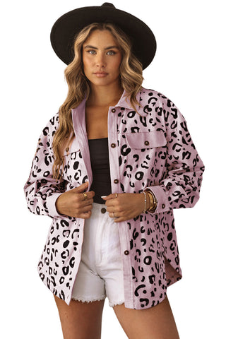 Collared Neckline Flap Pockets Leopard Corduroy Jacket