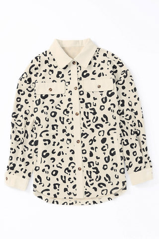 Collared Neckline Flap Pockets Leopard Corduroy Jacket