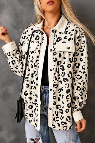 Collared Neckline Flap Pockets Leopard Corduroy Jacket