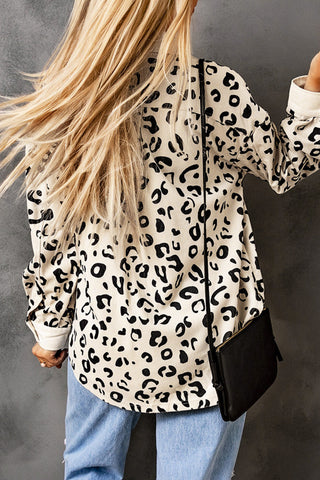 Collared Neckline Flap Pockets Leopard Corduroy Jacket