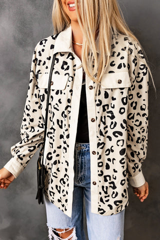 Collared Neckline Flap Pockets Leopard Corduroy Jacket