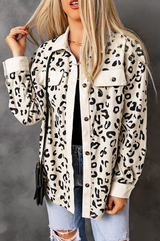 Collared Neckline Flap Pockets Leopard Corduroy Jacket