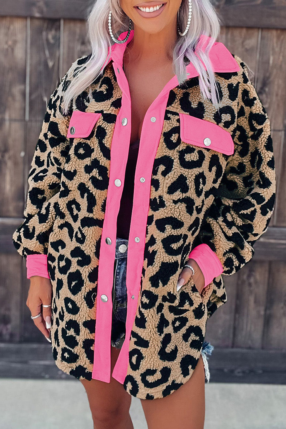 Contrast Trimmed Leopard Teddy Shacket