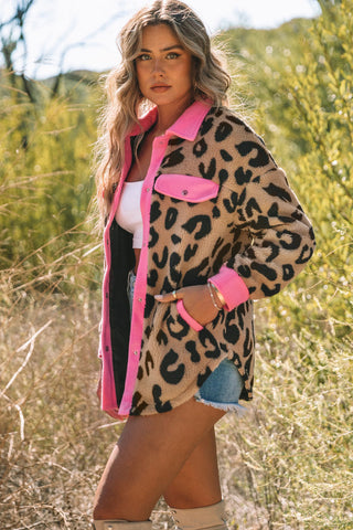 Contrast Trimmed Leopard Teddy Shacket