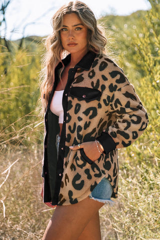 Contrast Trimmed Leopard Teddy Shacket