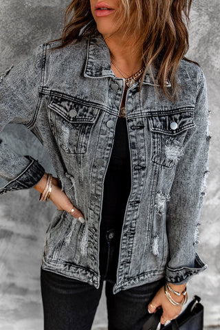 Distressed Buttons Washed Denim Jacket