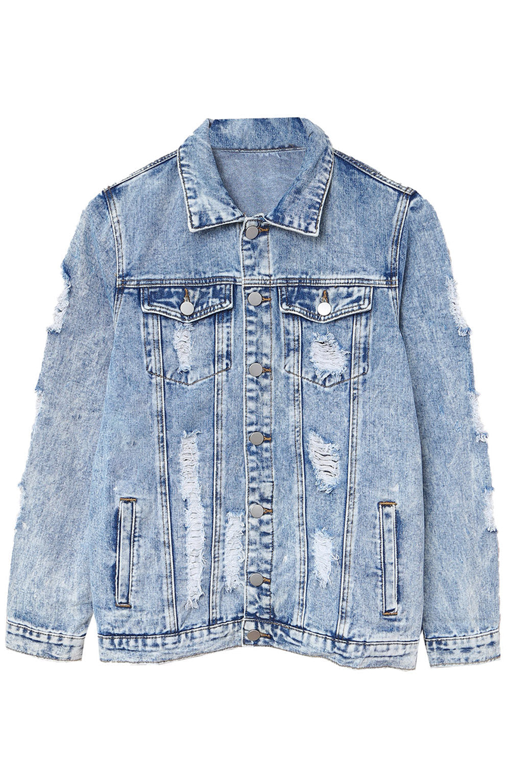 Distressed Buttons Washed Denim Jacket