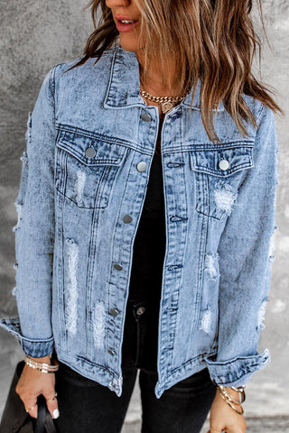 Distressed Buttons Washed Denim Jacket