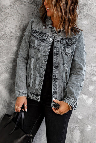 Distressed Buttons Washed Denim Jacket