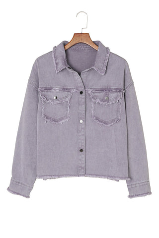 Distressed Flap Pockets Frayed Hemline Denim Jacket