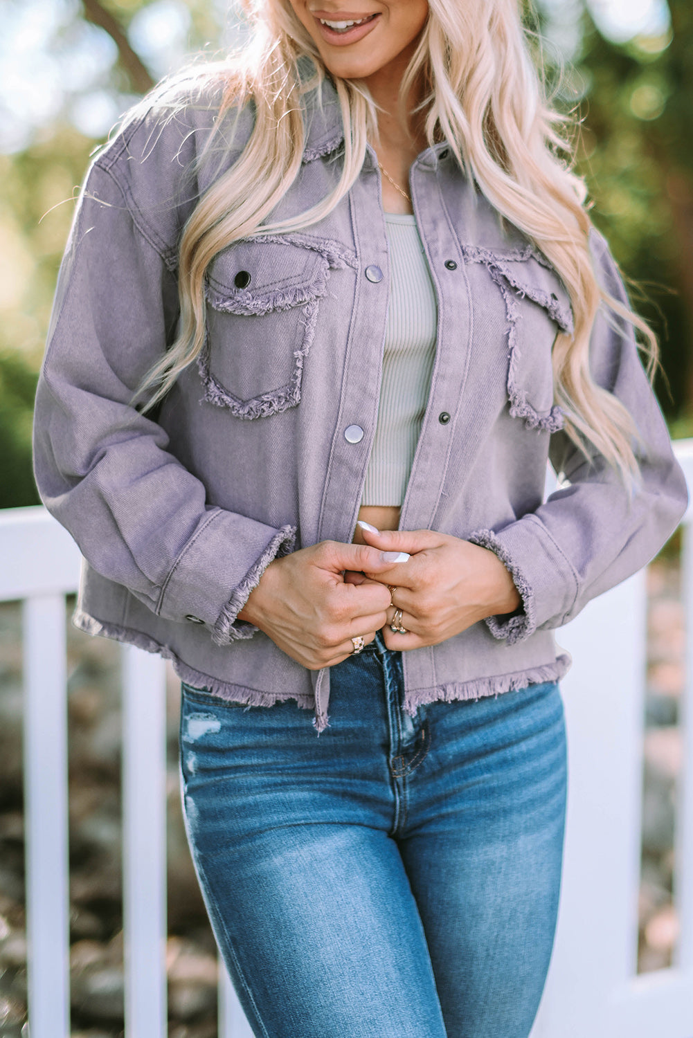 Distressed Flap Pockets Frayed Hemline Denim Jacket