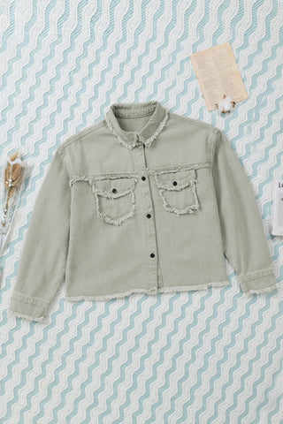 Distressed Flap Pockets Frayed Hemline Denim Jacket