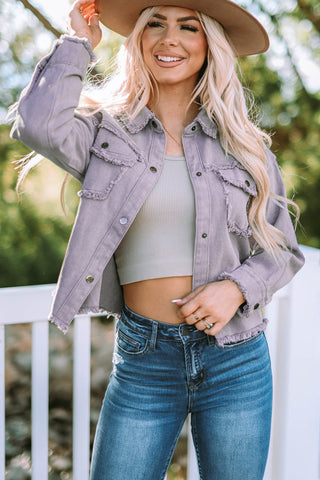 Distressed Flap Pockets Frayed Hemline Denim Jacket