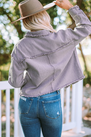 Distressed Flap Pockets Frayed Hemline Denim Jacket