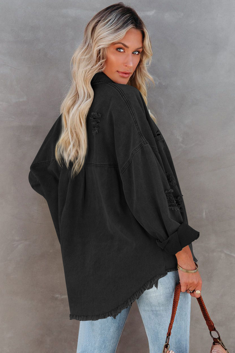 Distressed Fringe Trim Denim Jacket