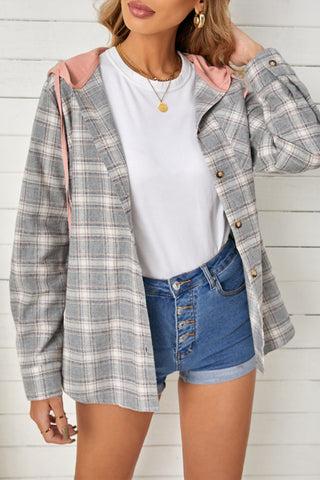 Drawstring Plaid Hooded Shacket