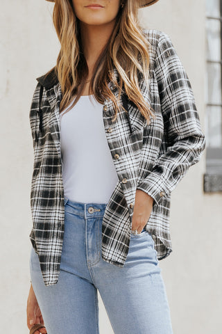 Drawstring Plaid Hooded Shacket