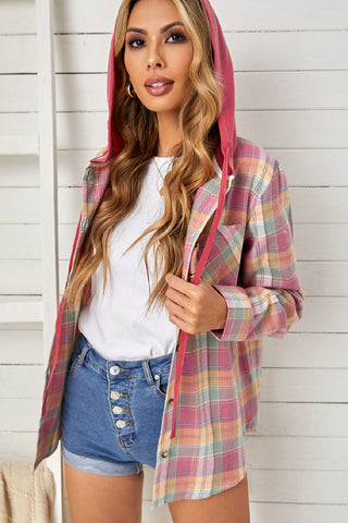 Drawstring Plaid Hooded Shacket