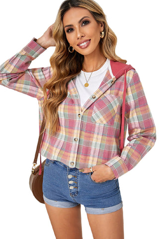 Drawstring Plaid Hooded Shacket