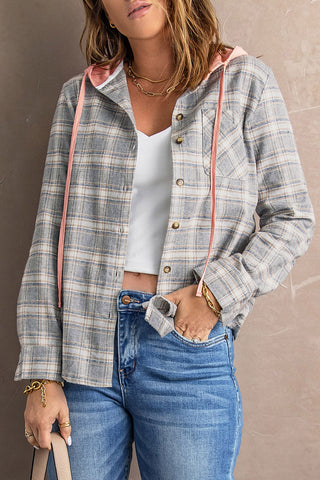 Drawstring Plaid Hooded Shacket