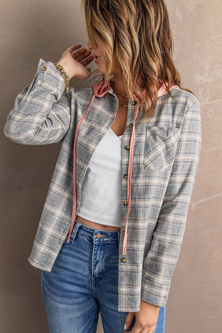 Drawstring Plaid Hooded Shacket