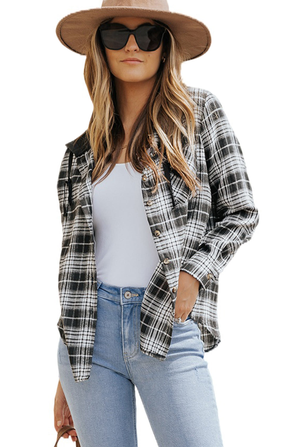 Drawstring Plaid Hooded Shacket