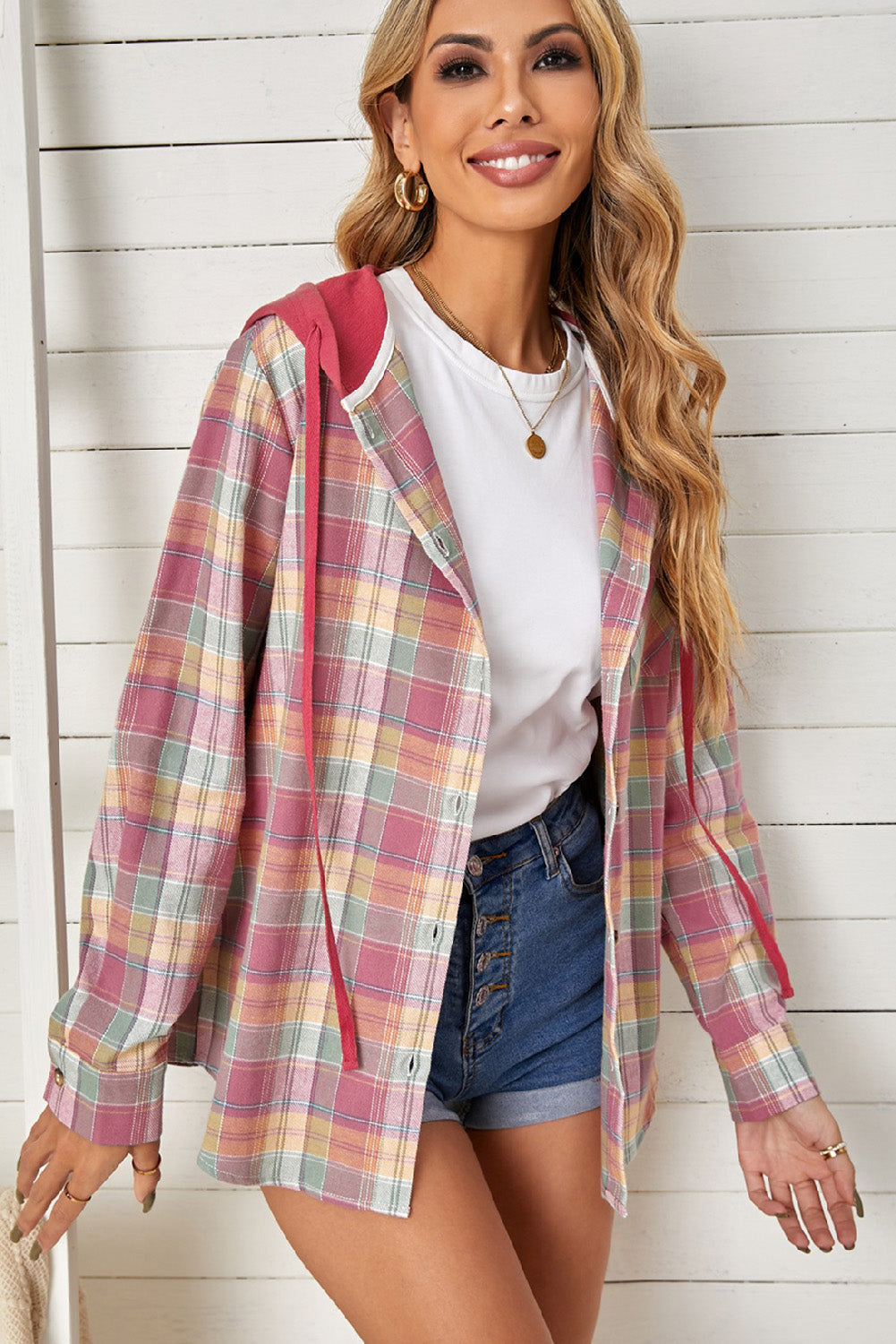 Drawstring Plaid Hooded Shacket