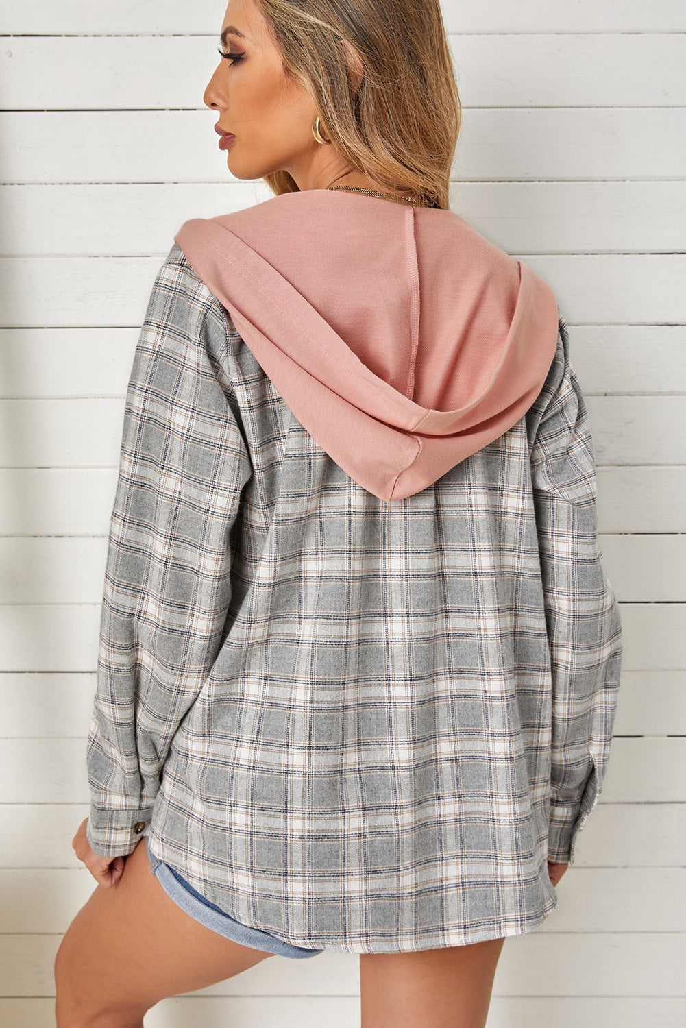 Drawstring Plaid Hooded Shacket