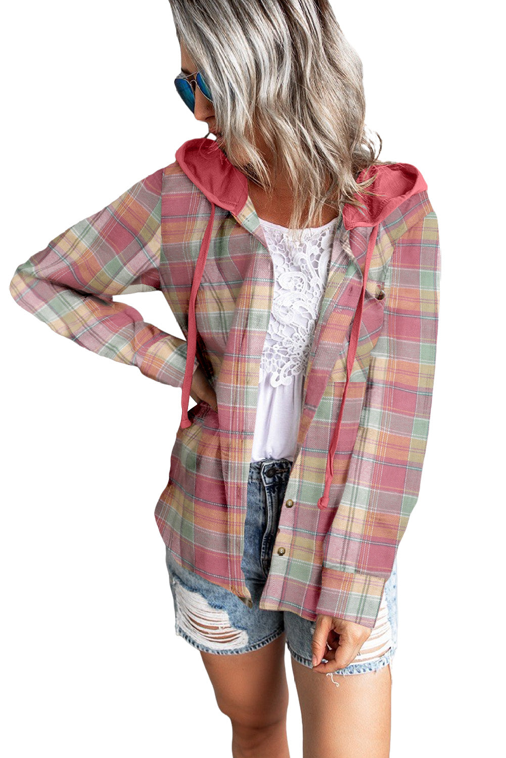 Drawstring Plaid Hooded Shacket