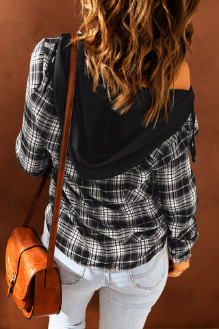 Drawstring Plaid Hooded Shacket