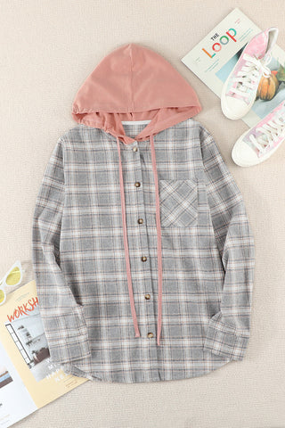 Drawstring Plaid Hooded Shacket