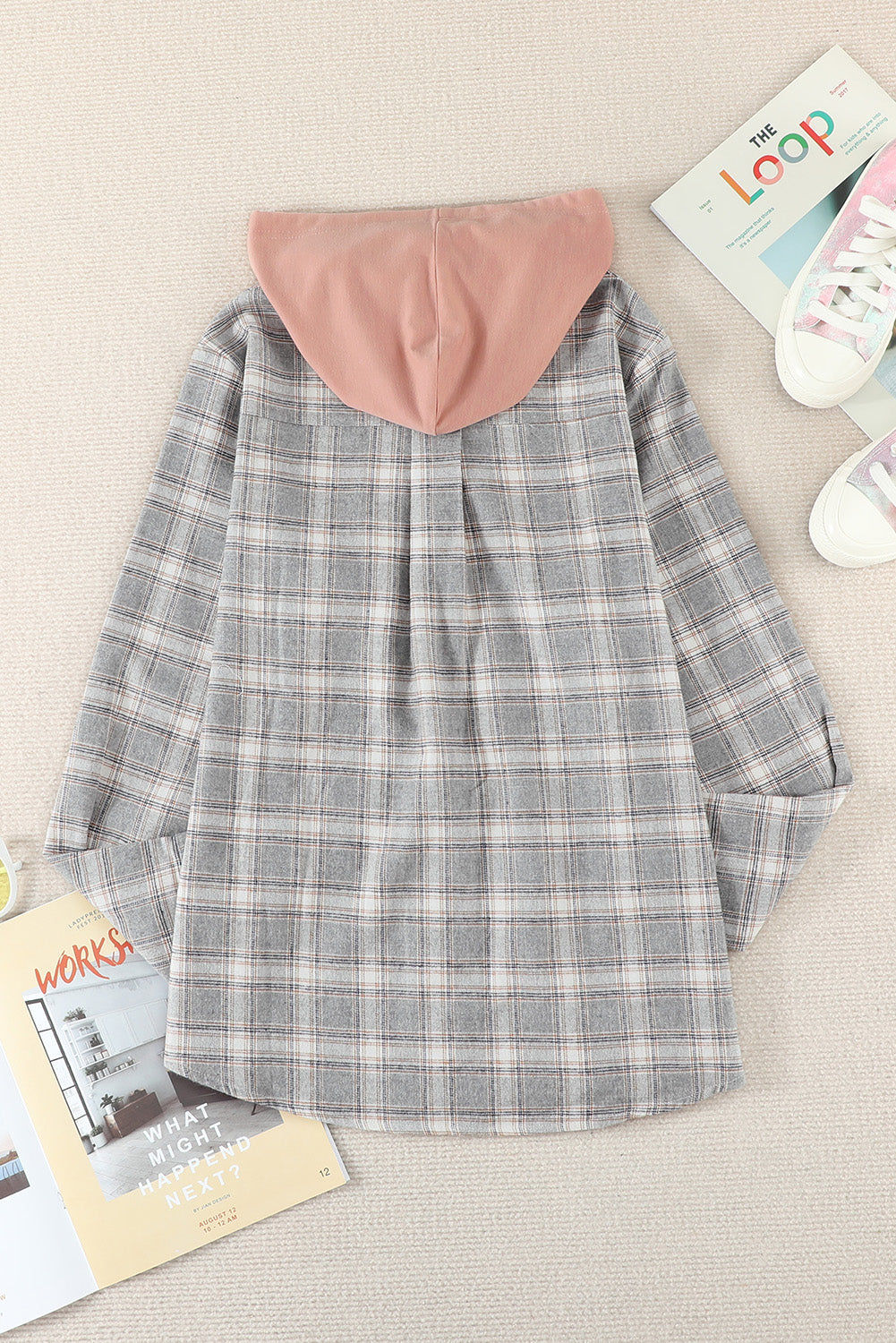 Drawstring Plaid Hooded Shacket