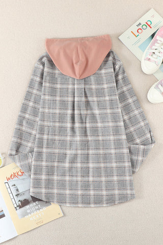 Drawstring Plaid Hooded Shacket