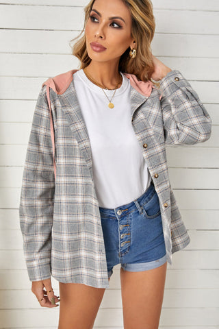 Drawstring Plaid Hooded Shacket