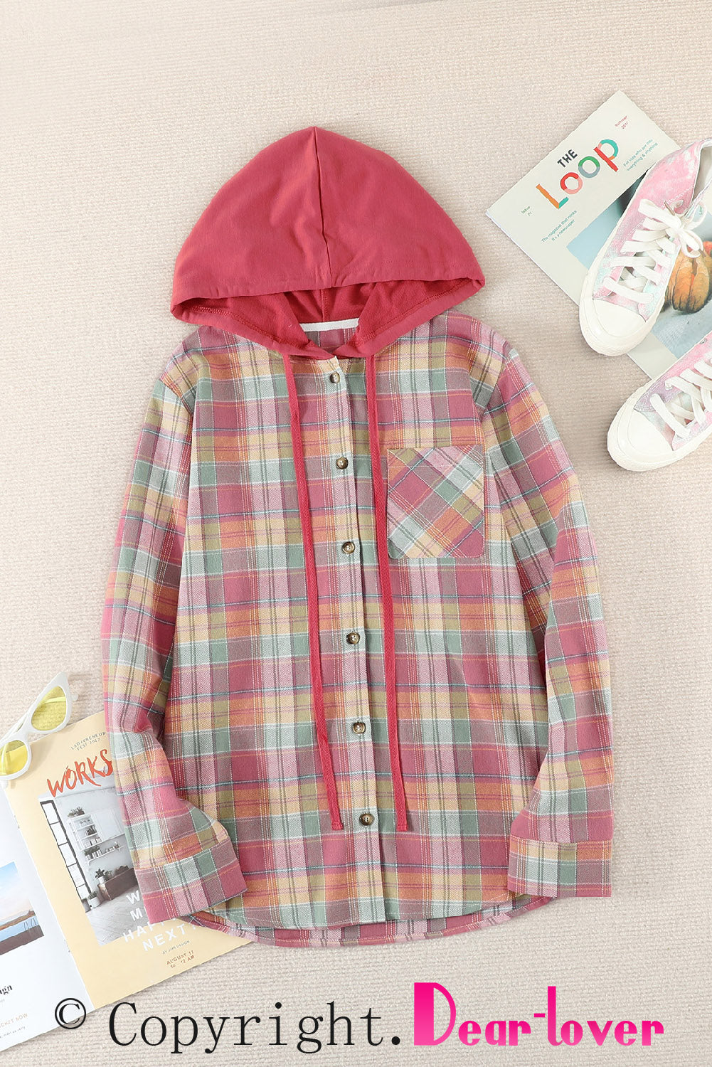 Drawstring Plaid Hooded Shacket