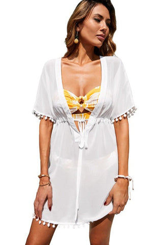 White Deep V Neck Pom Pom Beach Tunic Cover Up