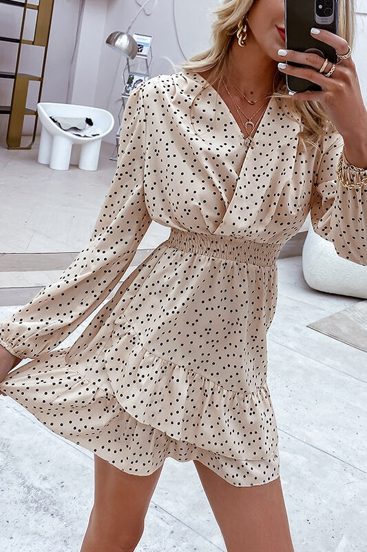 Simplee Long Sleeve V-Neck Polka Dot Print Dress