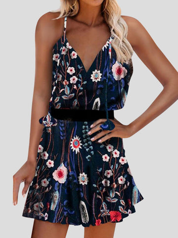 V-neck Floral Print Sling Dress