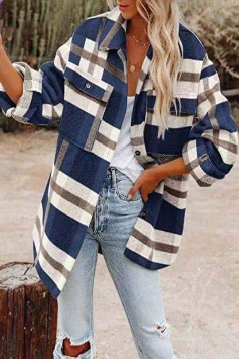 Long Sleeve Loose Woolen Plaid Shirt Jacket