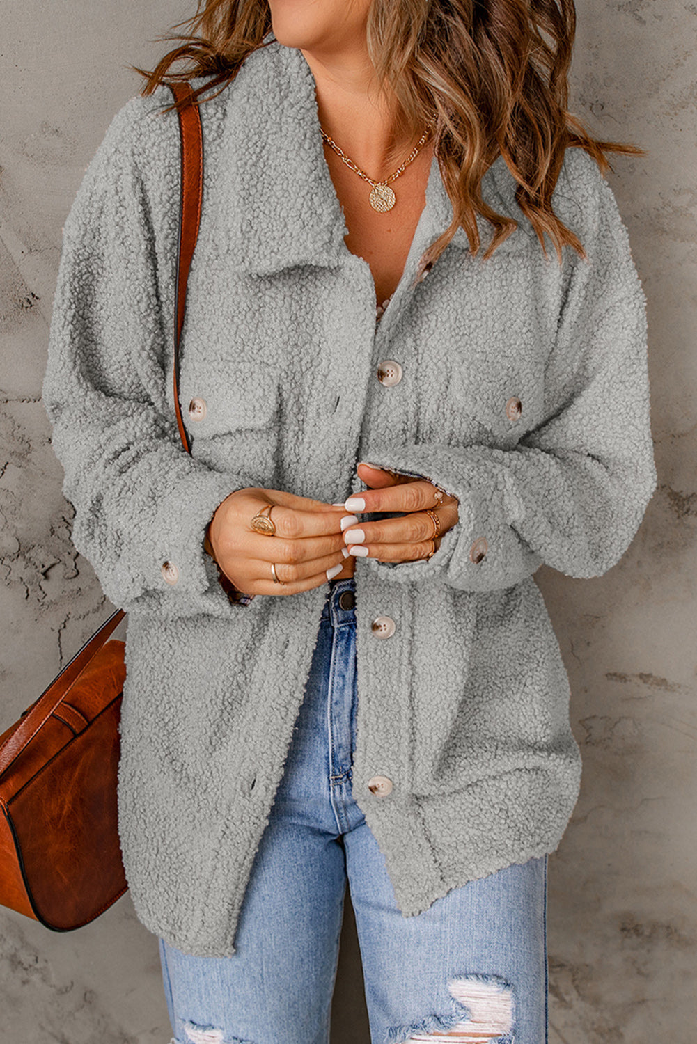 Flap Pockets Button Front Teddy Coat