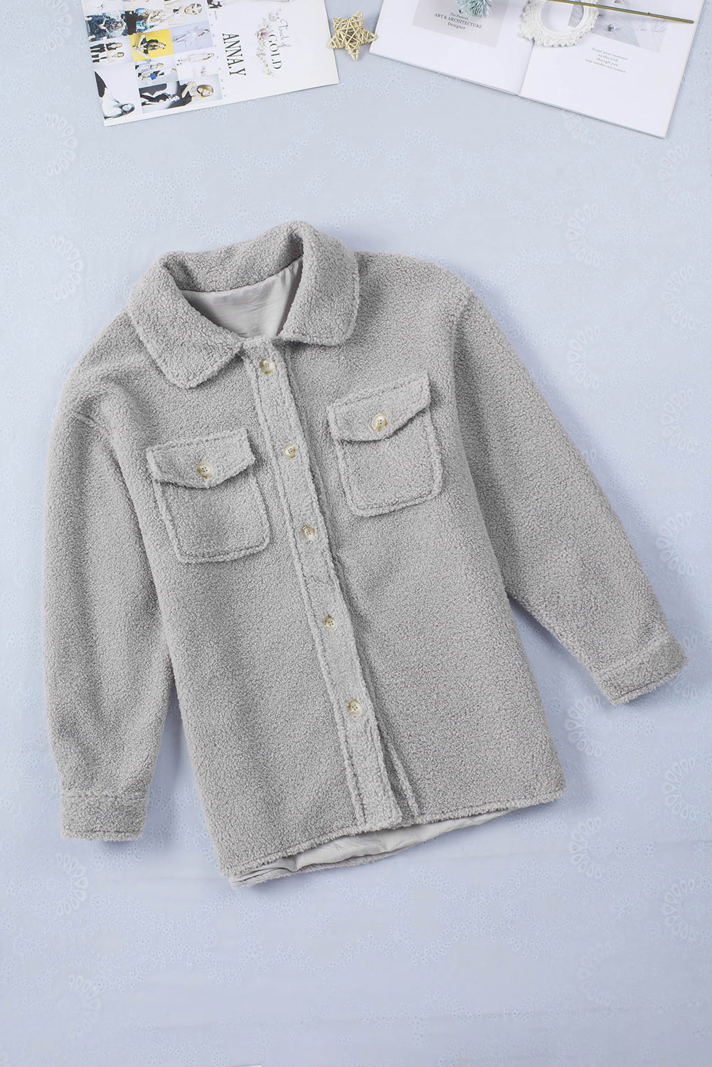 Flap Pockets Button Front Teddy Coat