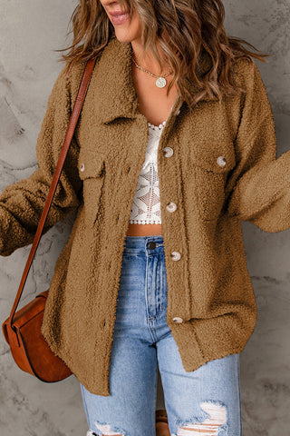 Flap Pockets Button Front Teddy Coat