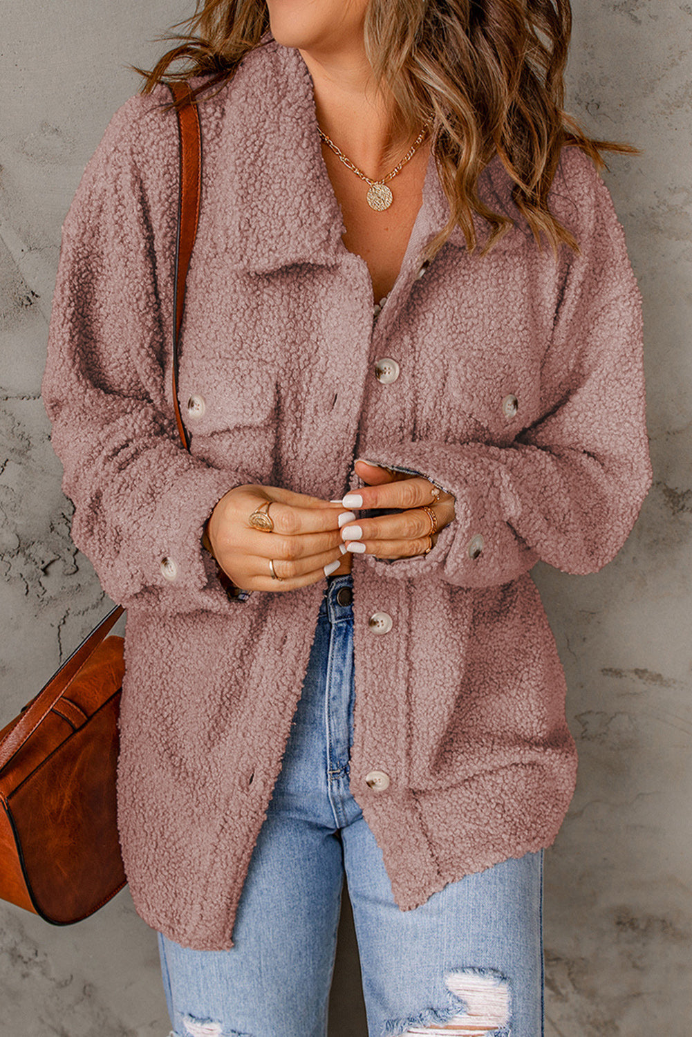 Flap Pockets Button Front Teddy Coat