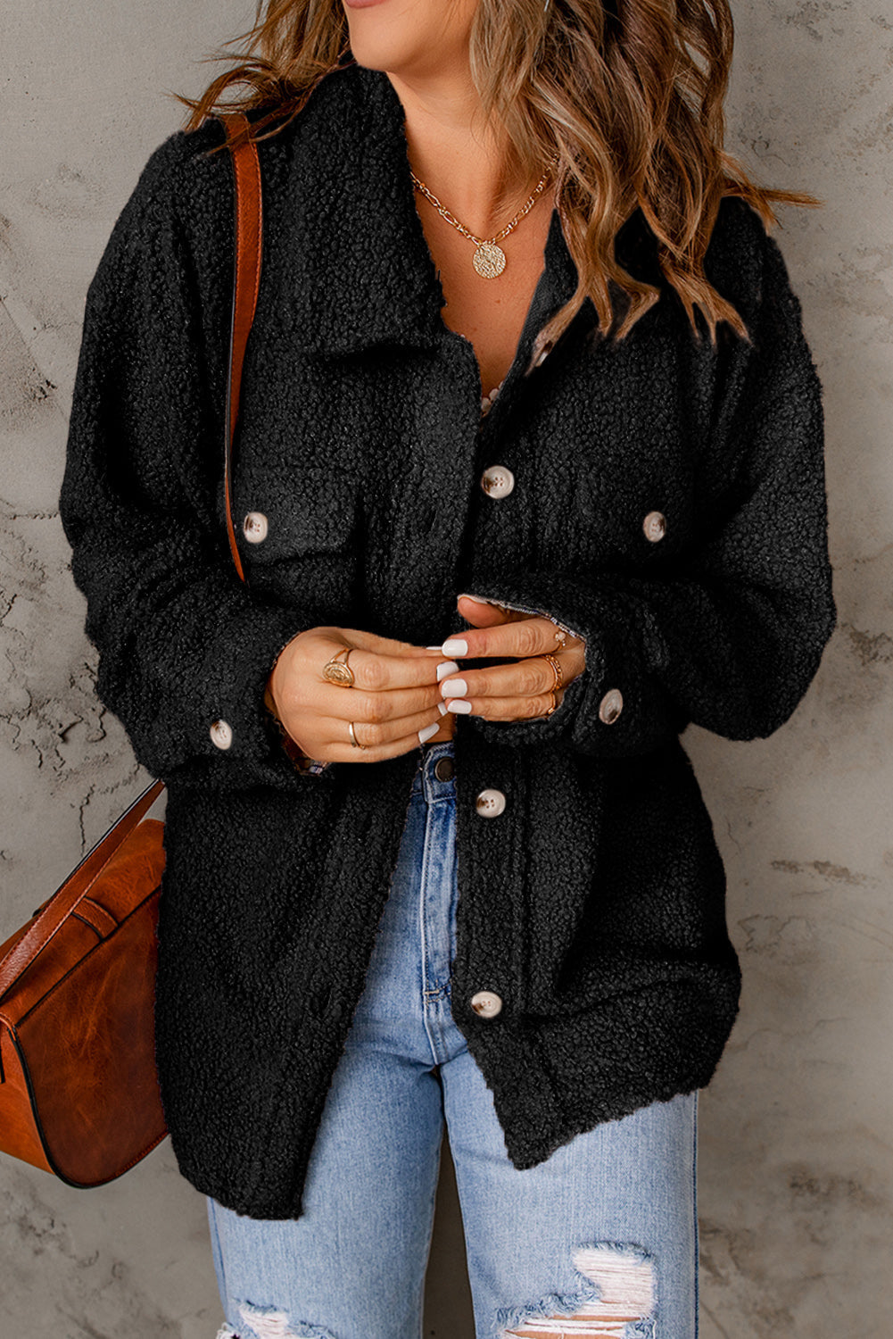 Flap Pockets Button Front Teddy Coat