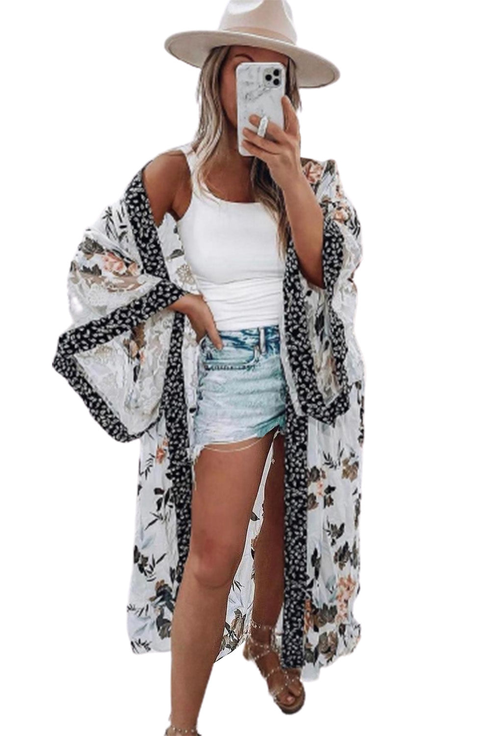 Floral Print Lace Patchwork Batwing Sleeve Duster Kimono