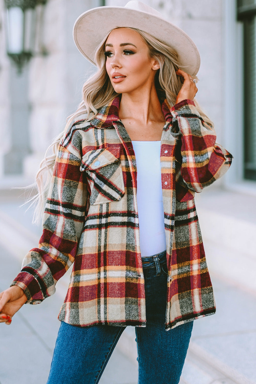 Geometric Plaid Print Pocketed Shacket