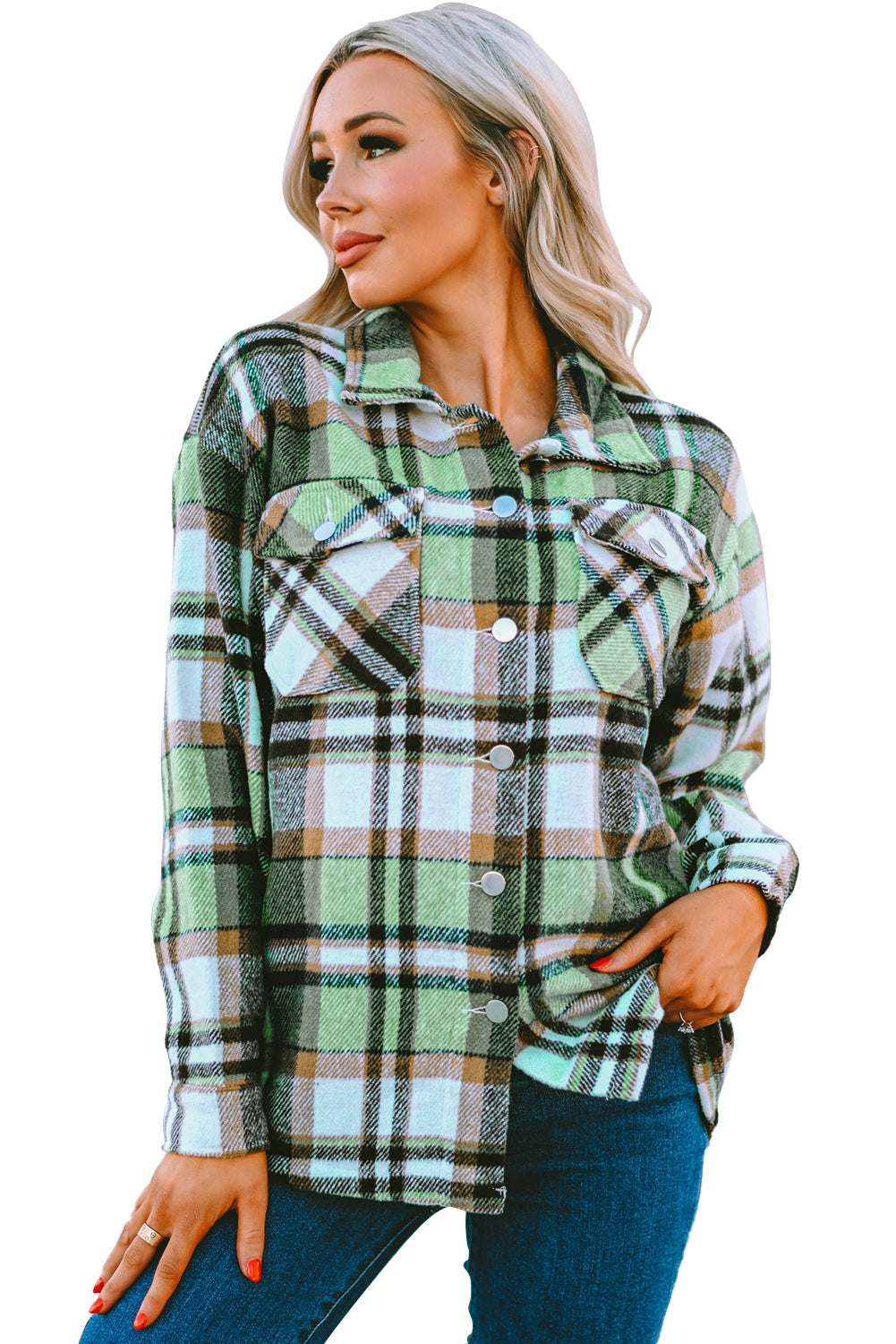 Geometric Plaid Print Pocketed Shacket