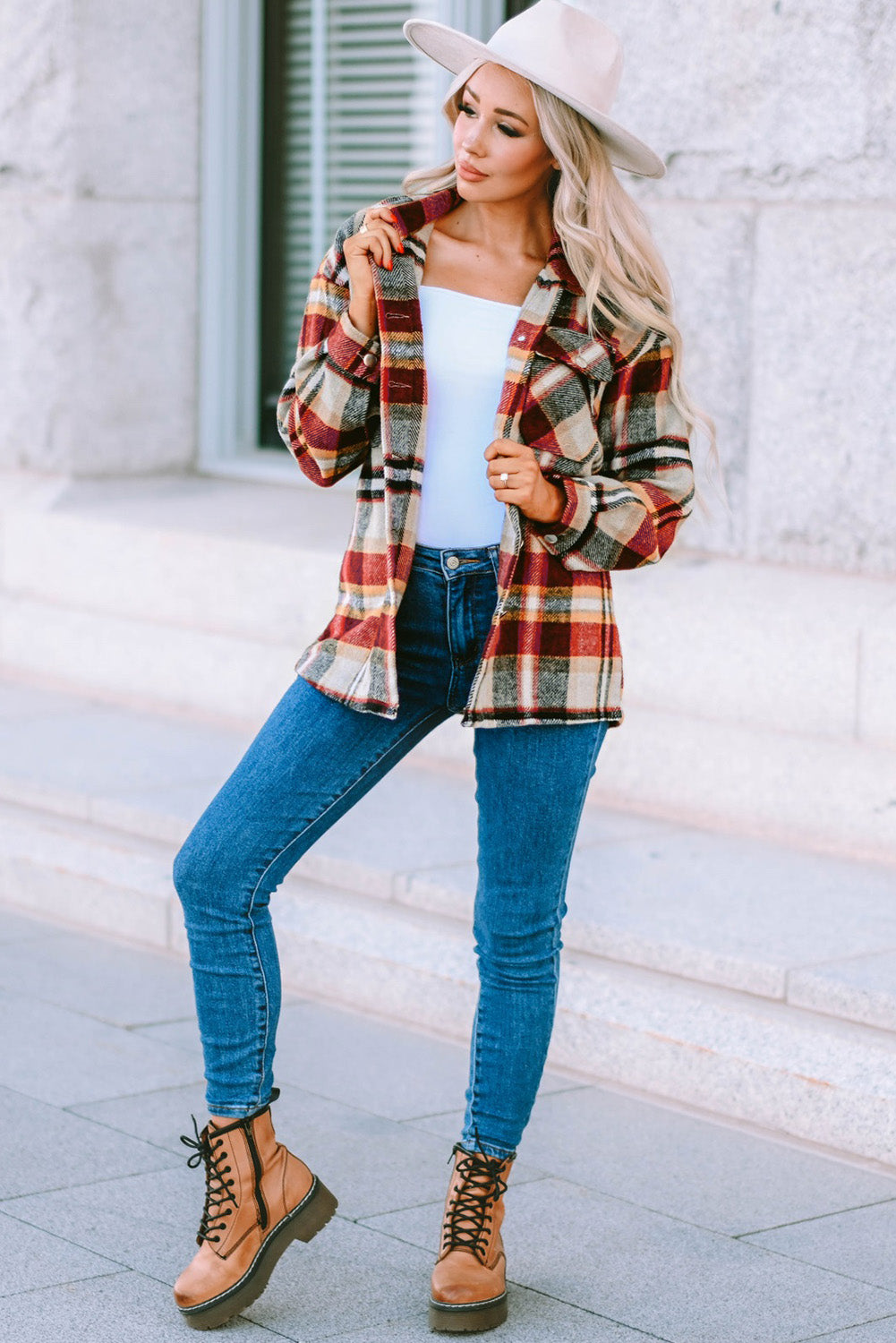 Geometric Plaid Print Pocketed Shacket