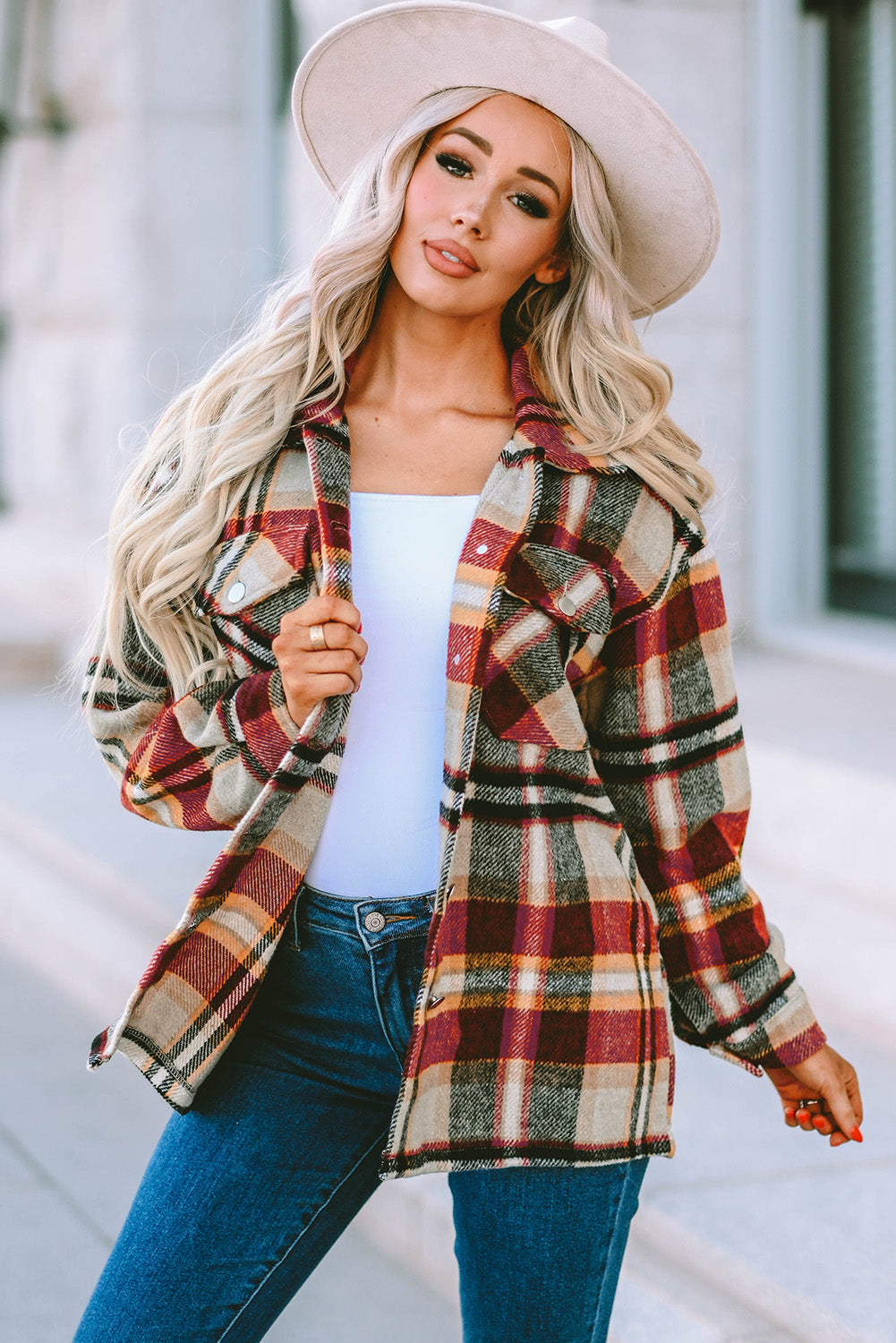 Geometric Plaid Print Pocketed Shacket