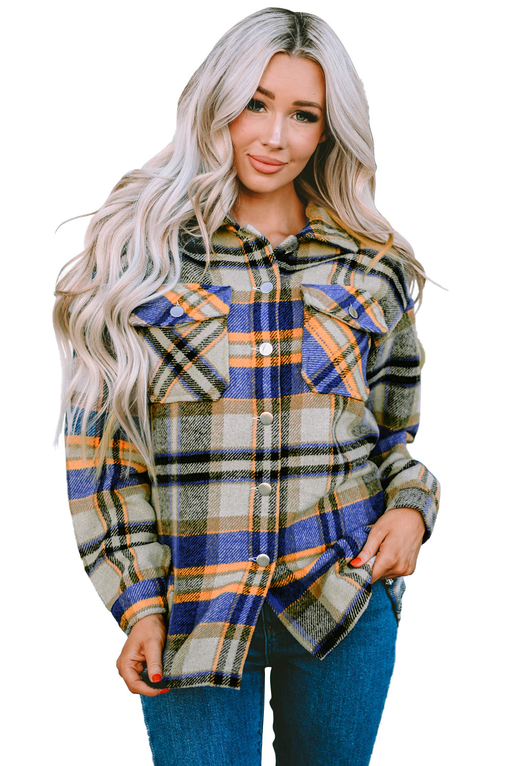 Geometric Plaid Print Pocketed Shacket